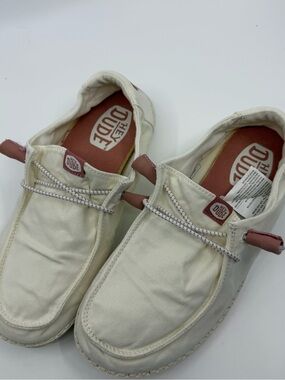 Hey Dude Men’s Off-White Canvas Slip-Ons with Mauve Accents